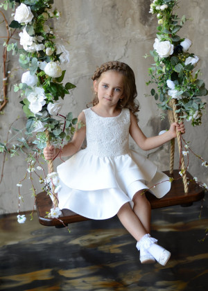 White Lace Satin Layered Flower Girl Dress First Birthday Dress